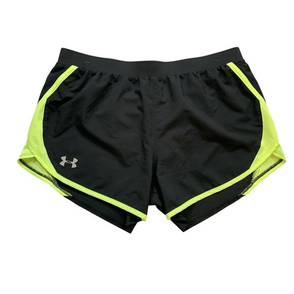 Under Armour Shorts Womens M Medium Black Highlighter HeatGear Loose Running - Picture 1 of 13
